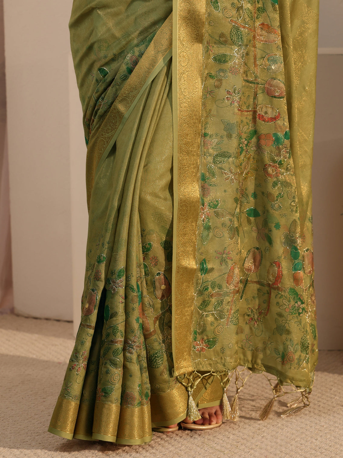 Mameraa Henna Green Floral Printed Silk Blend Tassel Saree