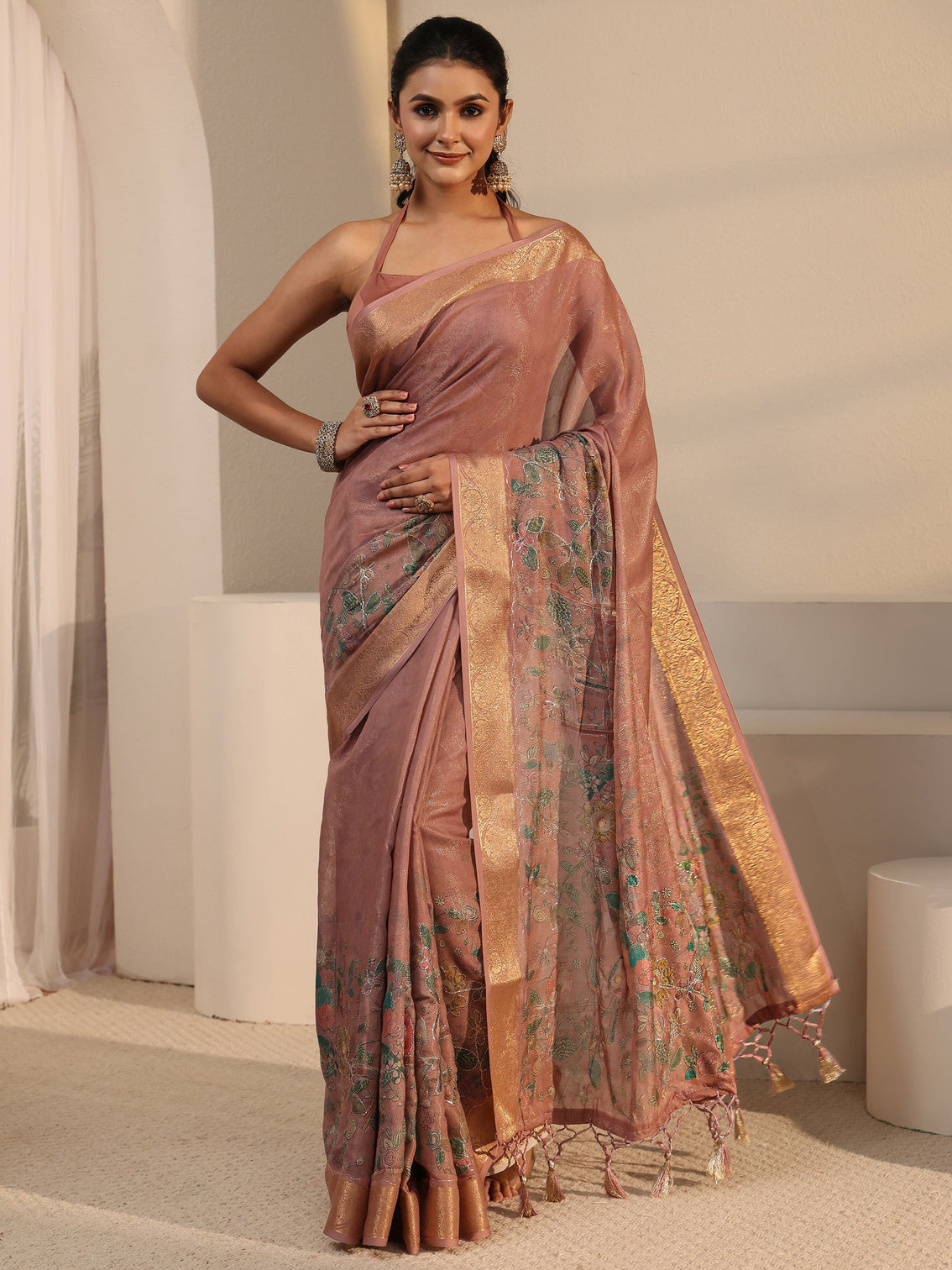 Mameraa Mauve Floral Printed Silk Blend Tassel Saree