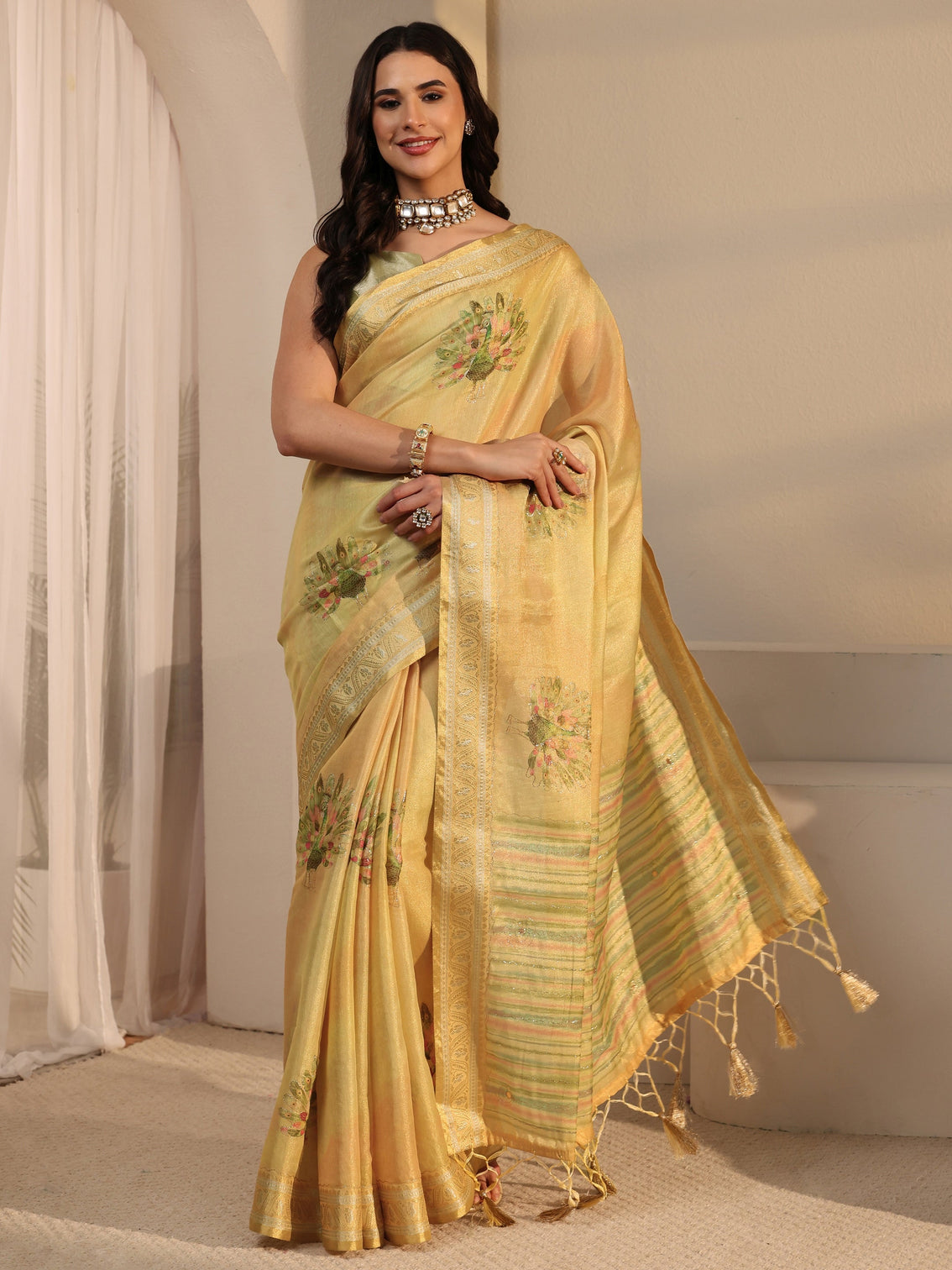 Mameraa Yellow Peacock Printed Silk Blend Tassel Saree