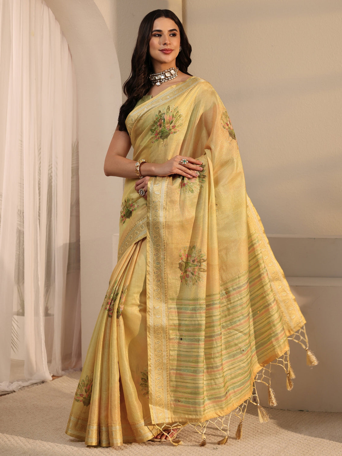 Mameraa Yellow Peacock Printed Silk Blend Tassel Saree