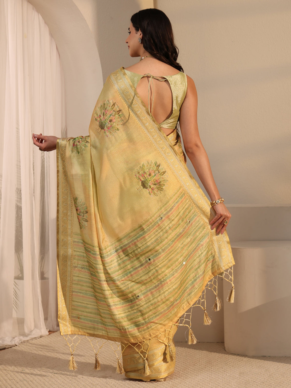 Mameraa Yellow Peacock Printed Silk Blend Tassel Saree