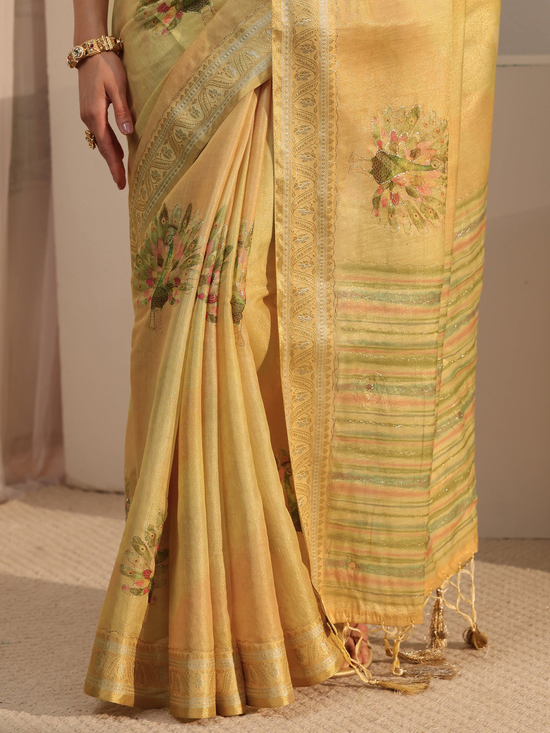 Mameraa Yellow Peacock Printed Silk Blend Tassel Saree