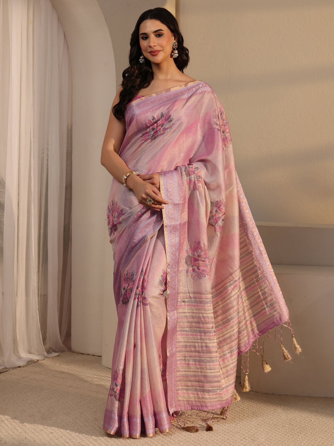 Mameraa Pink Peacock Printed Silk Blend Tassel Saree