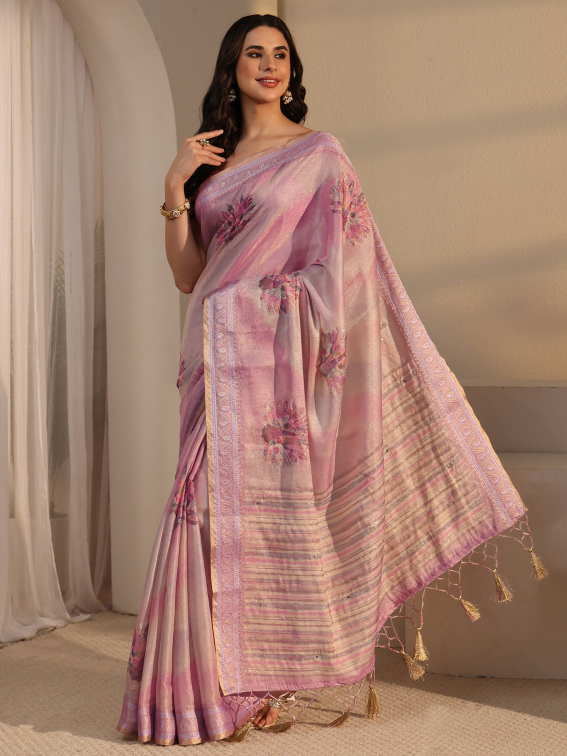 Mameraa Pink Peacock Printed Silk Blend Tassel Saree