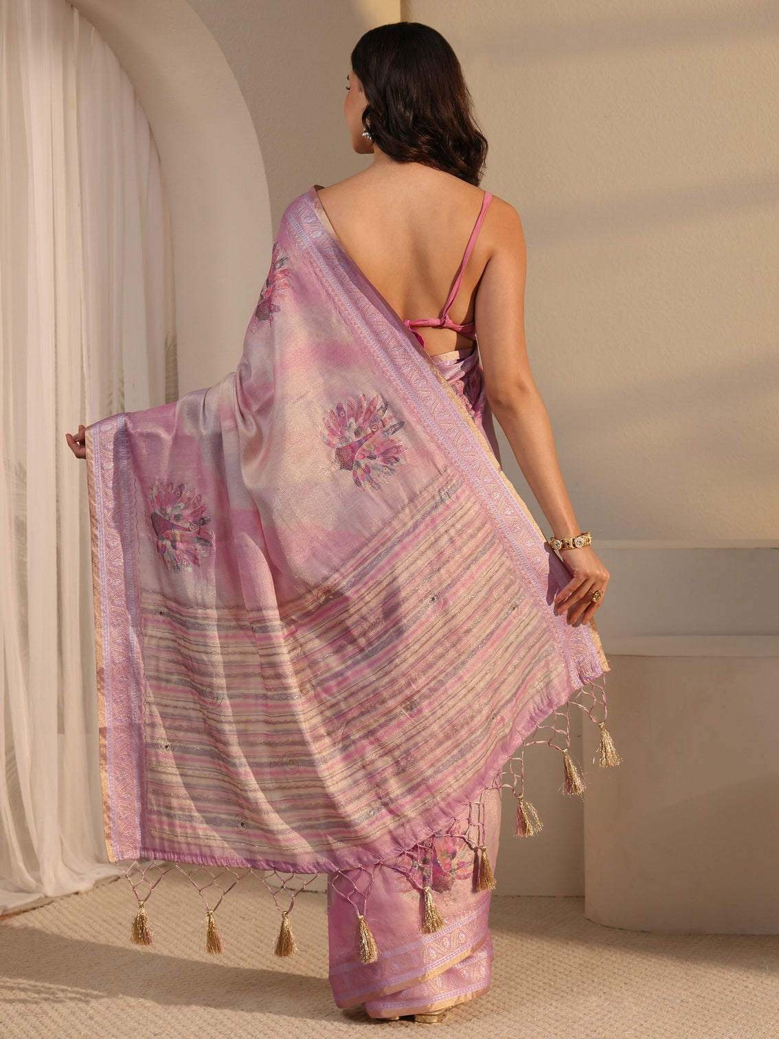 Mameraa Pink Peacock Printed Silk Blend Tassel Saree