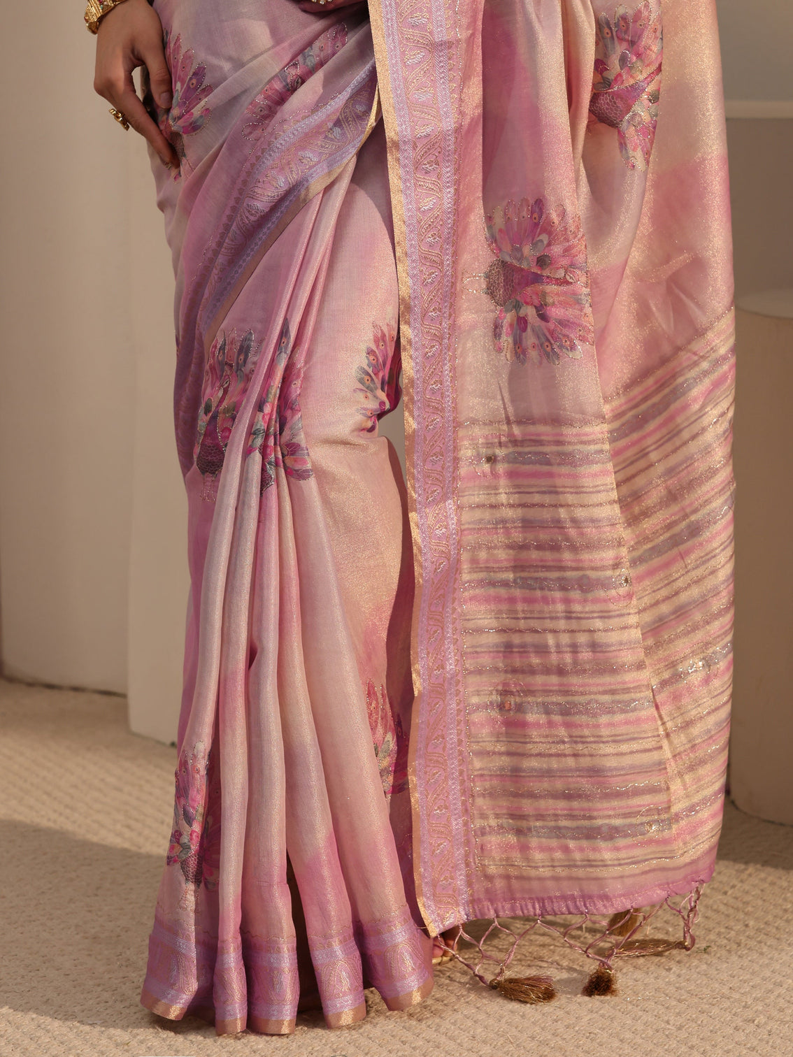 Mameraa Pink Peacock Printed Silk Blend Tassel Saree
