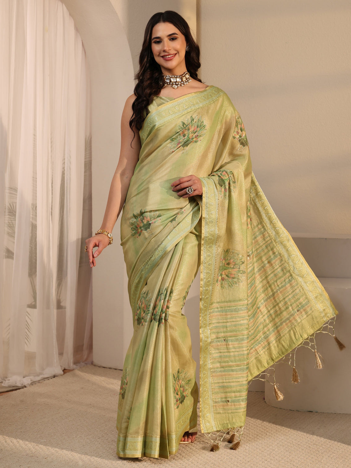 Mameraa Green Peacock Printed Silk Blend Tassel Saree