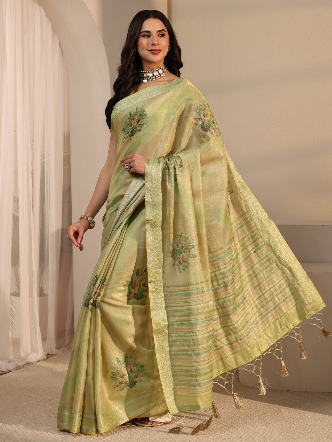 Mameraa Green Peacock Printed Silk Blend Tassel Saree