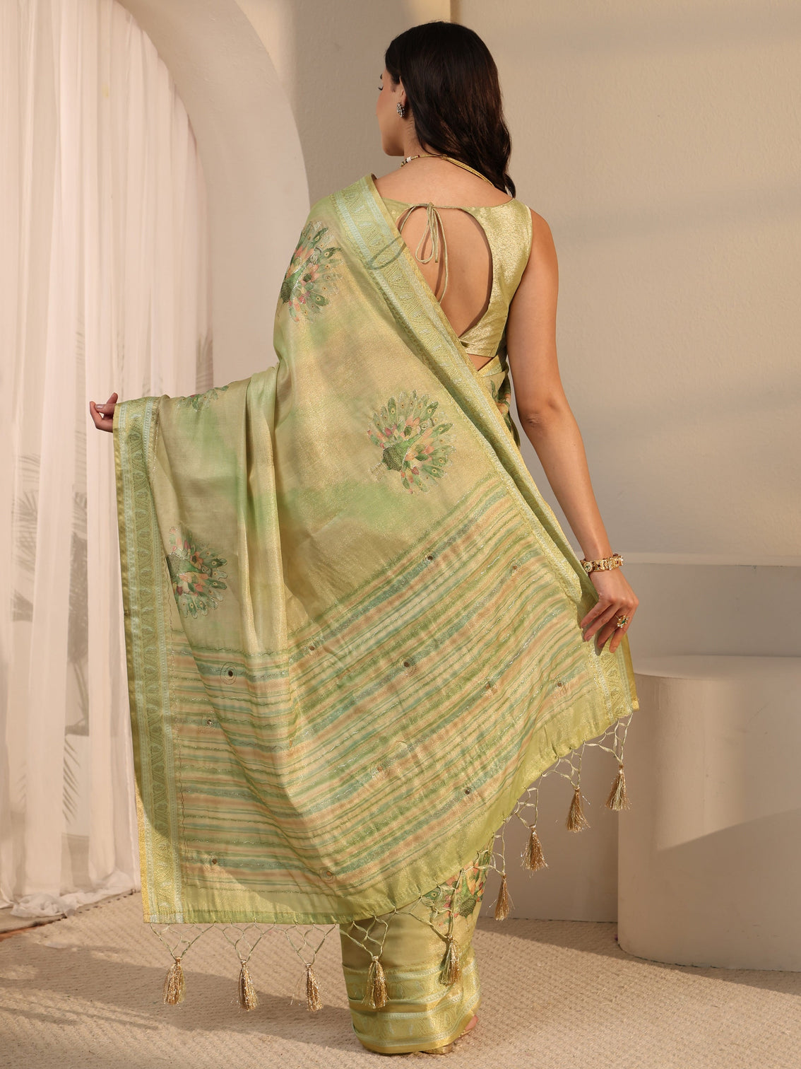 Mameraa Green Peacock Printed Silk Blend Tassel Saree