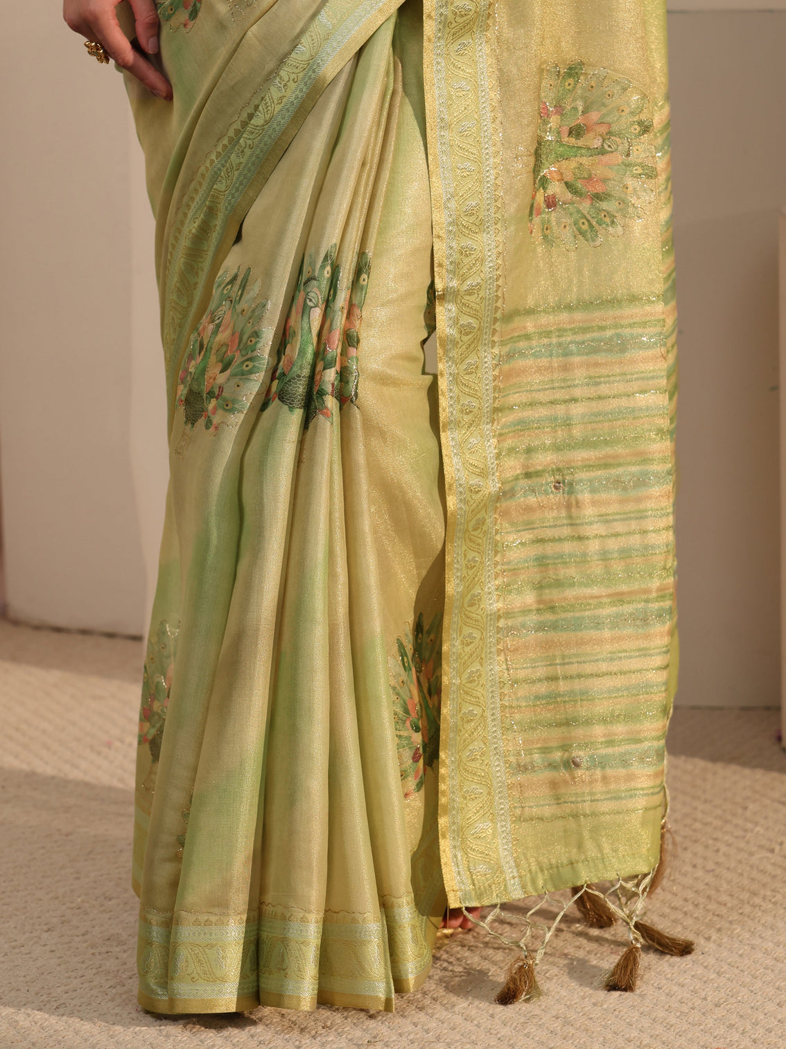 Mameraa Green Peacock Printed Silk Blend Tassel Saree