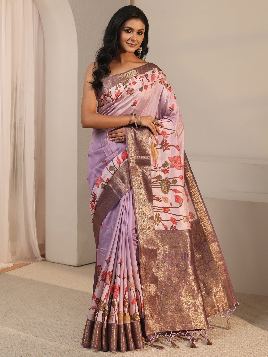 Mameraa Lilac Floral Printed Silk Blend Tassel Saree with Woven Border
