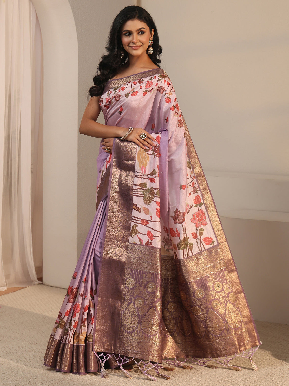 Mameraa Lilac Floral Printed Silk Blend Tassel Saree with Woven Border
