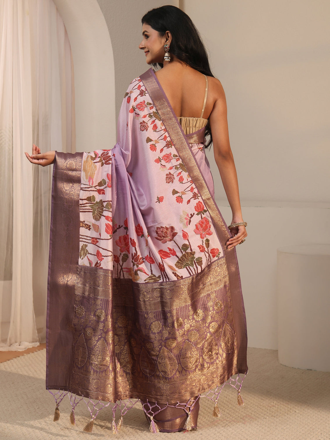 Mameraa Lilac Floral Printed Silk Blend Tassel Saree with Woven Border