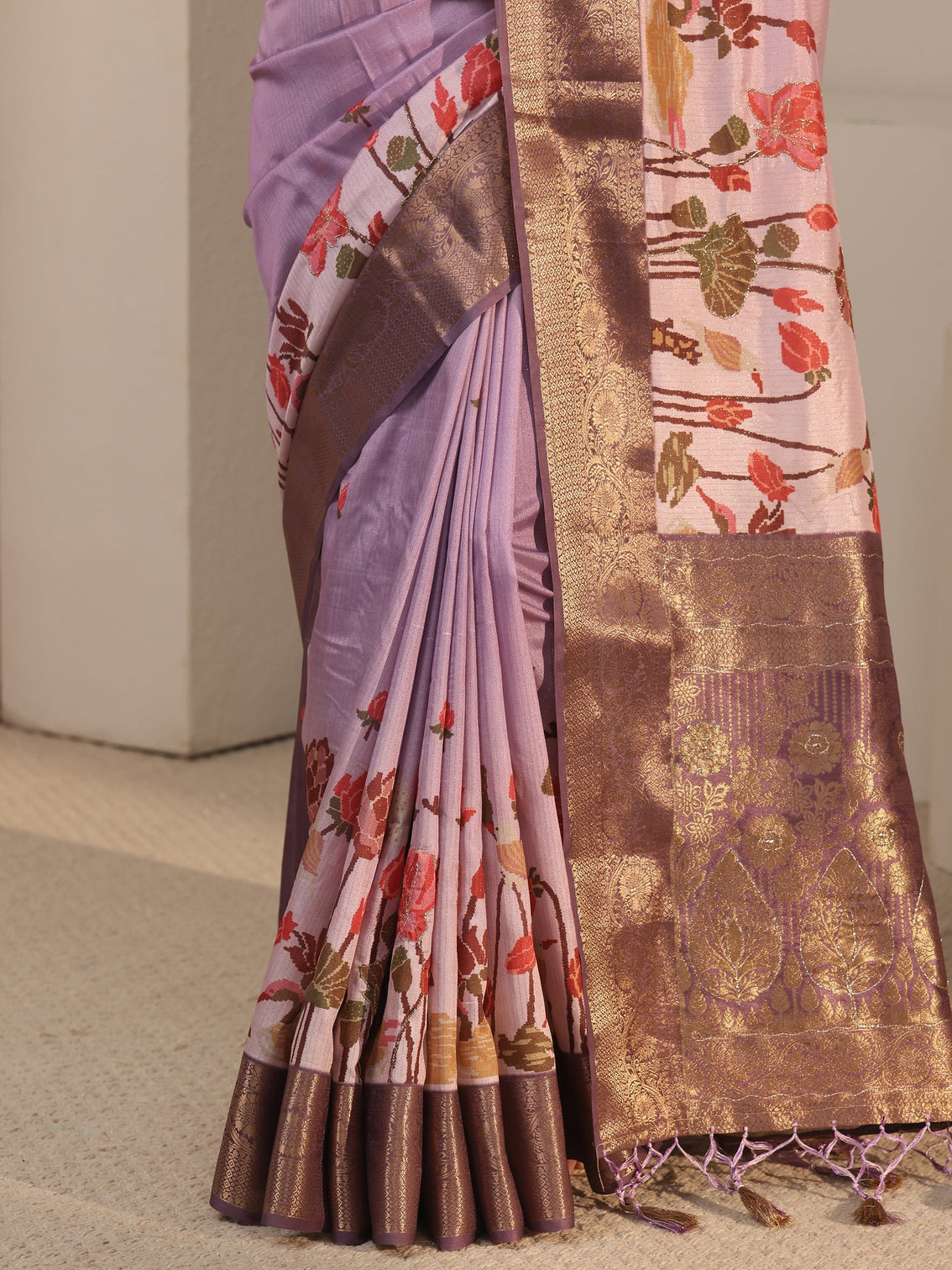 Mameraa Lilac Floral Printed Silk Blend Tassel Saree with Woven Border