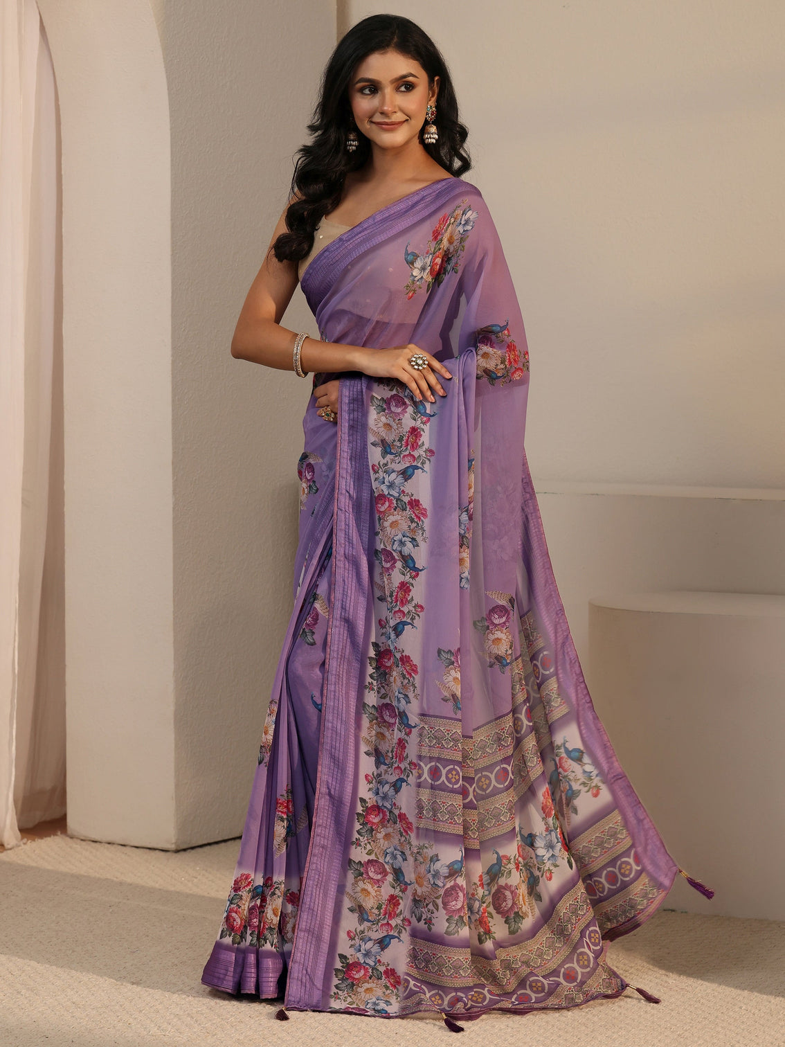 Mameraa Lavender Floral Printed Georgette Saree