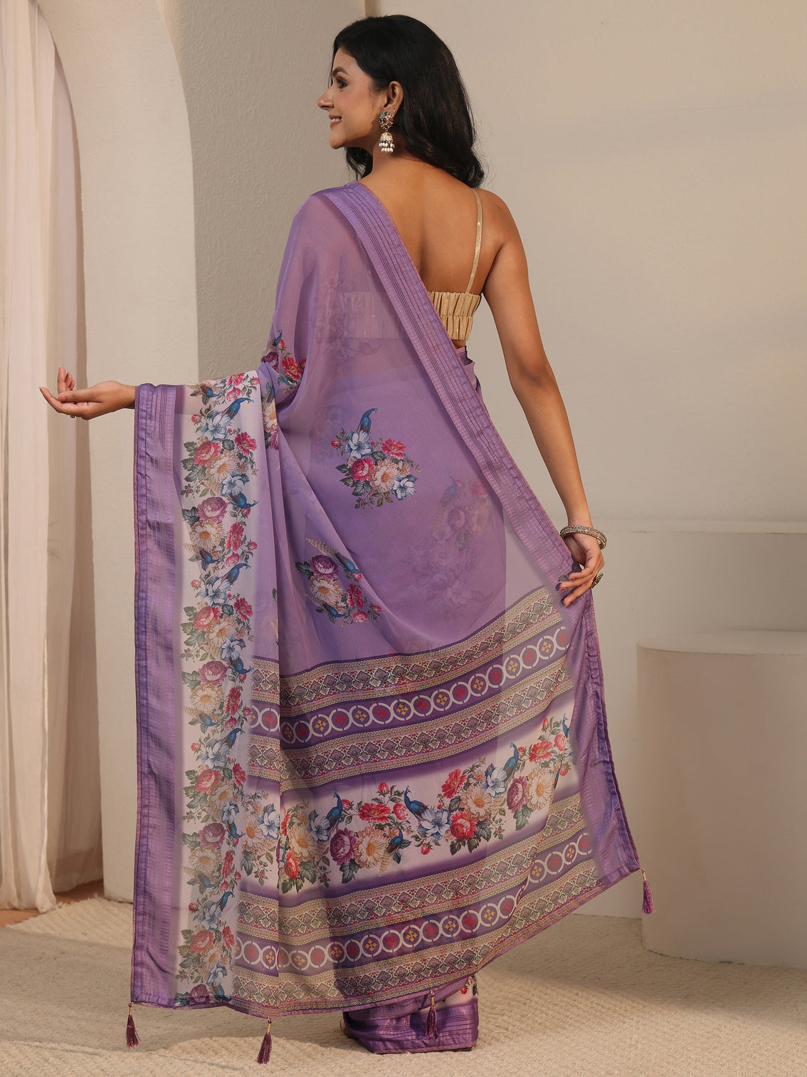 Mameraa Lavender Floral Printed Georgette Saree