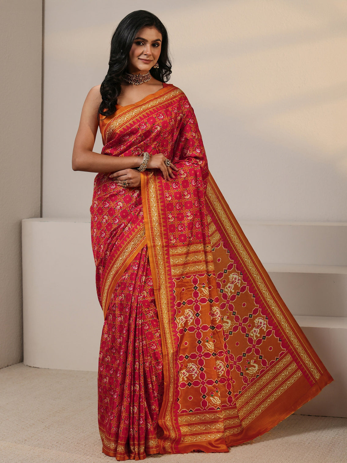 Mameraa Red Printed Silk Blend Saree