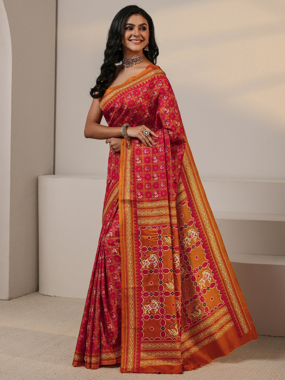 Mameraa Red Printed Silk Blend Saree