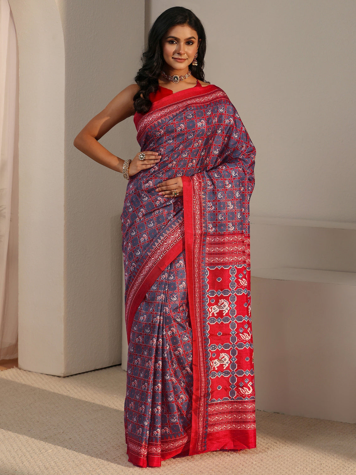 Mameraa Grey Printed Silk Blend Saree
