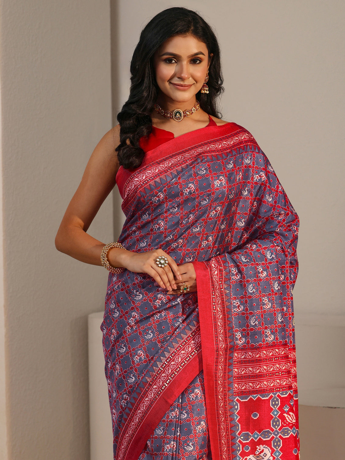 Mameraa Grey Printed Silk Blend Saree