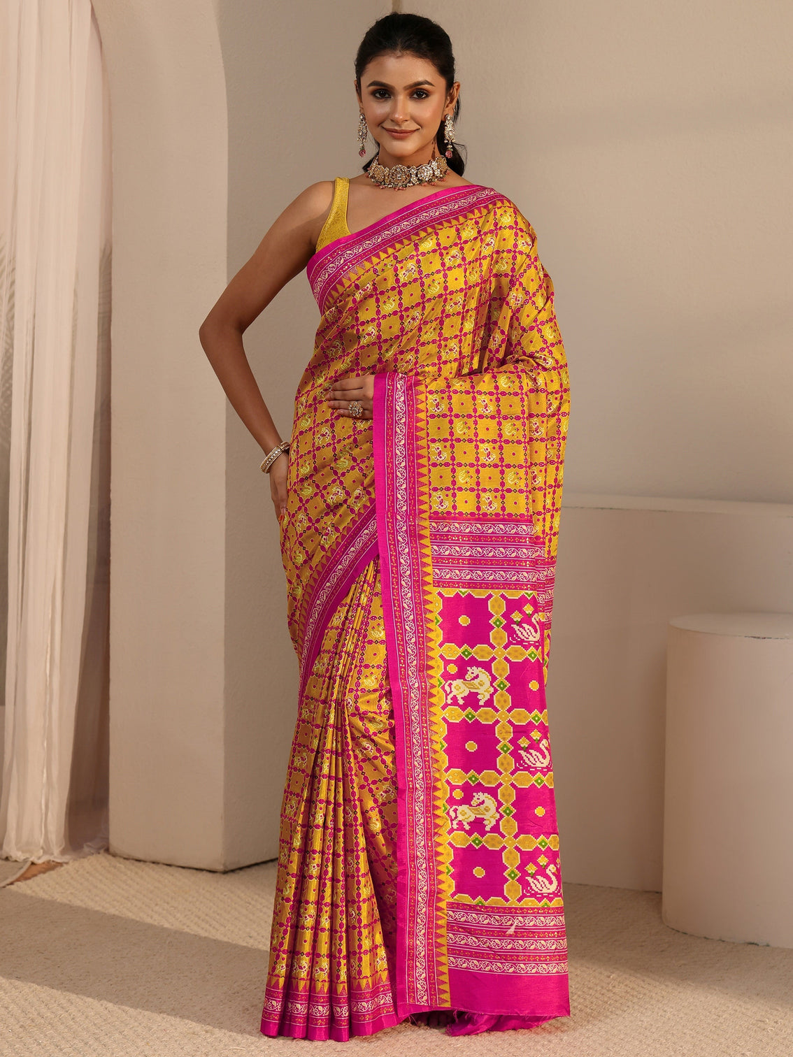 Mameraa Mustard Printed Silk Blend Saree