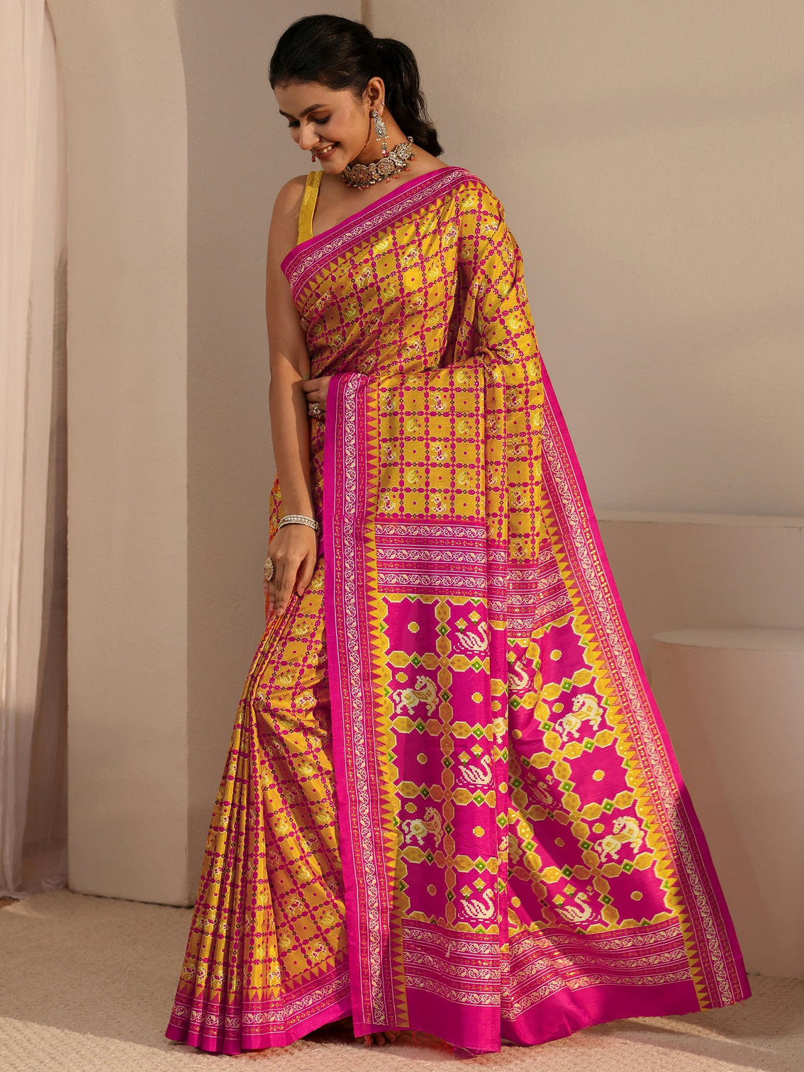 Mameraa Mustard Printed Silk Blend Saree