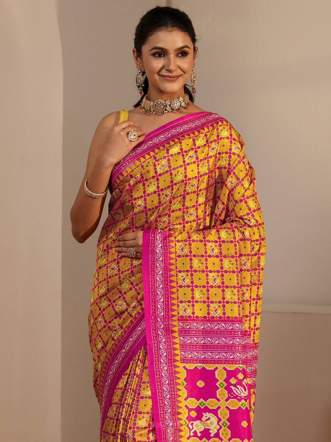 Mameraa Mustard Printed Silk Blend Saree