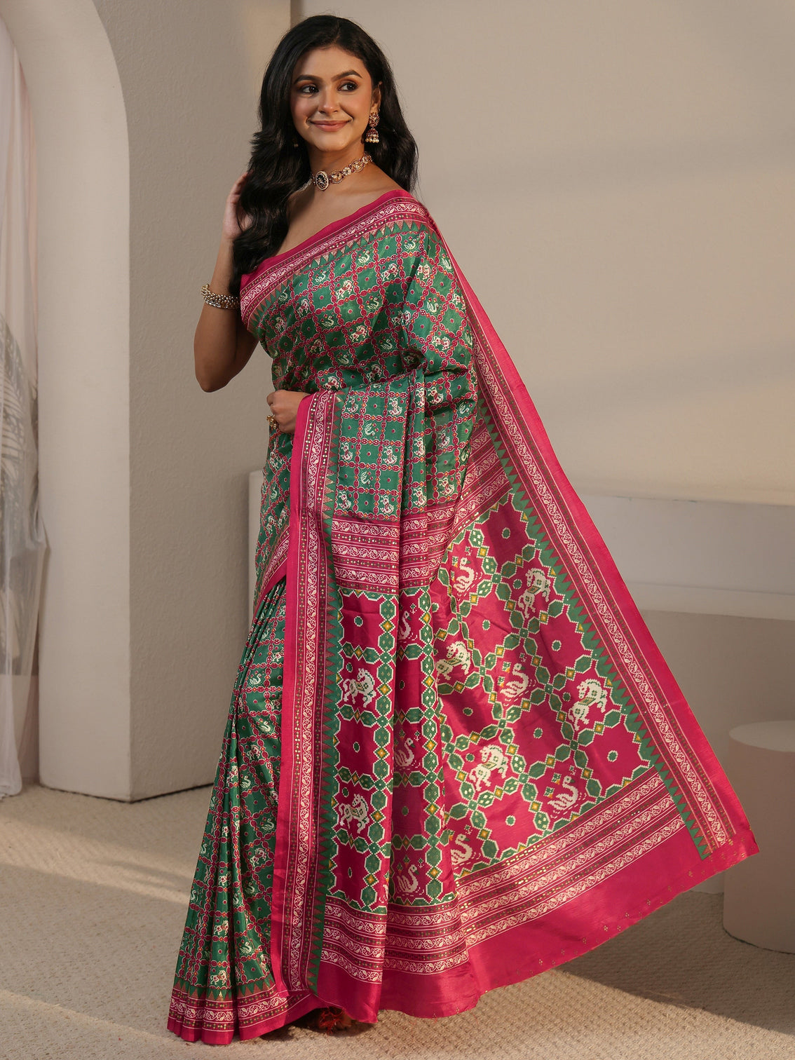 Mameraa Green Printed Silk Blend Saree