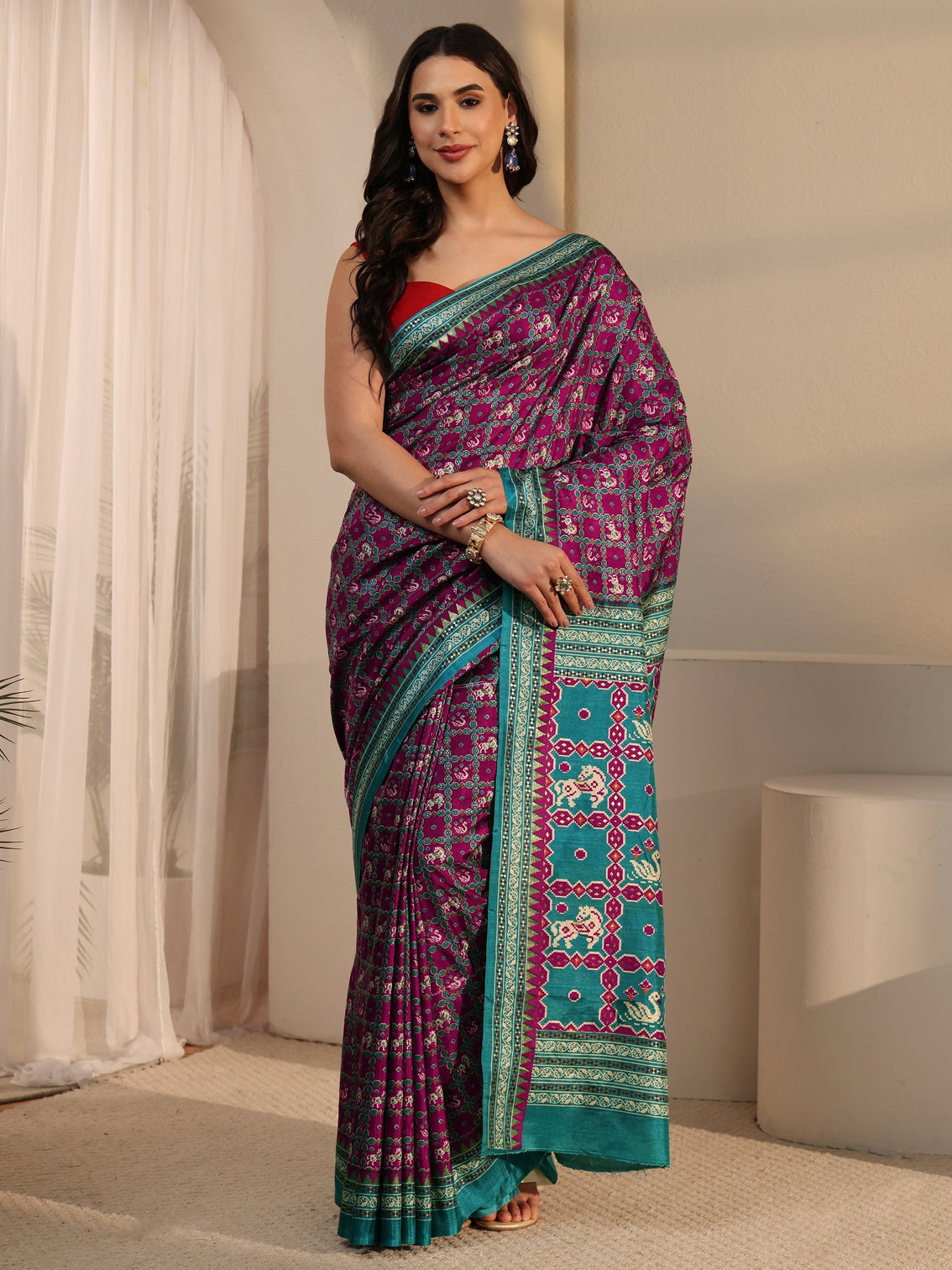 Mameraa Wine Printed Silk Blend Saree