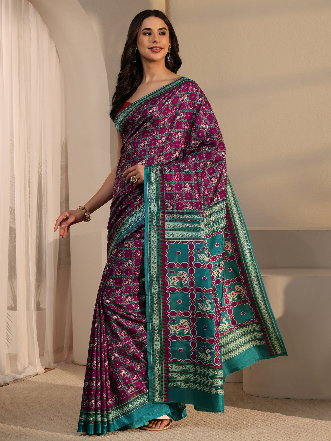 Mameraa Wine Printed Silk Blend Saree