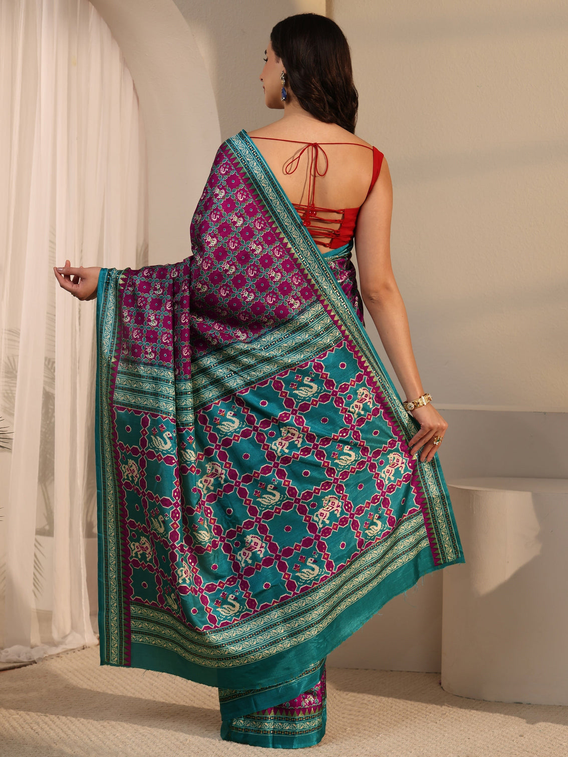 Mameraa Wine Printed Silk Blend Saree