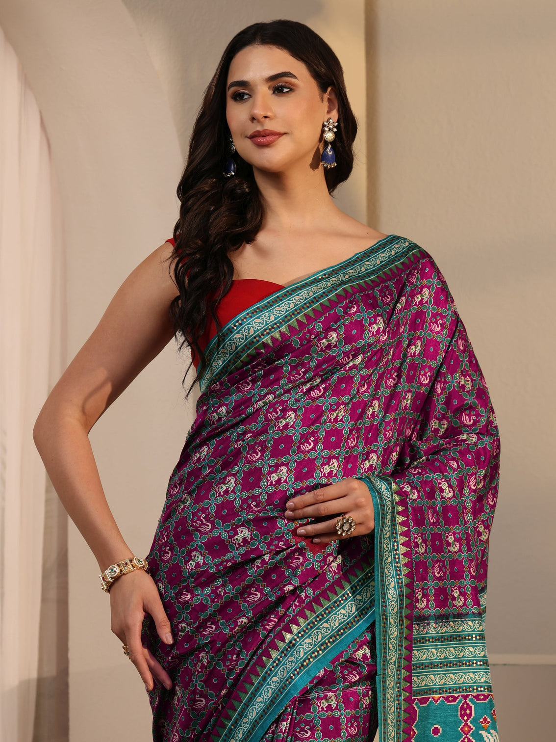 Mameraa Wine Printed Silk Blend Saree