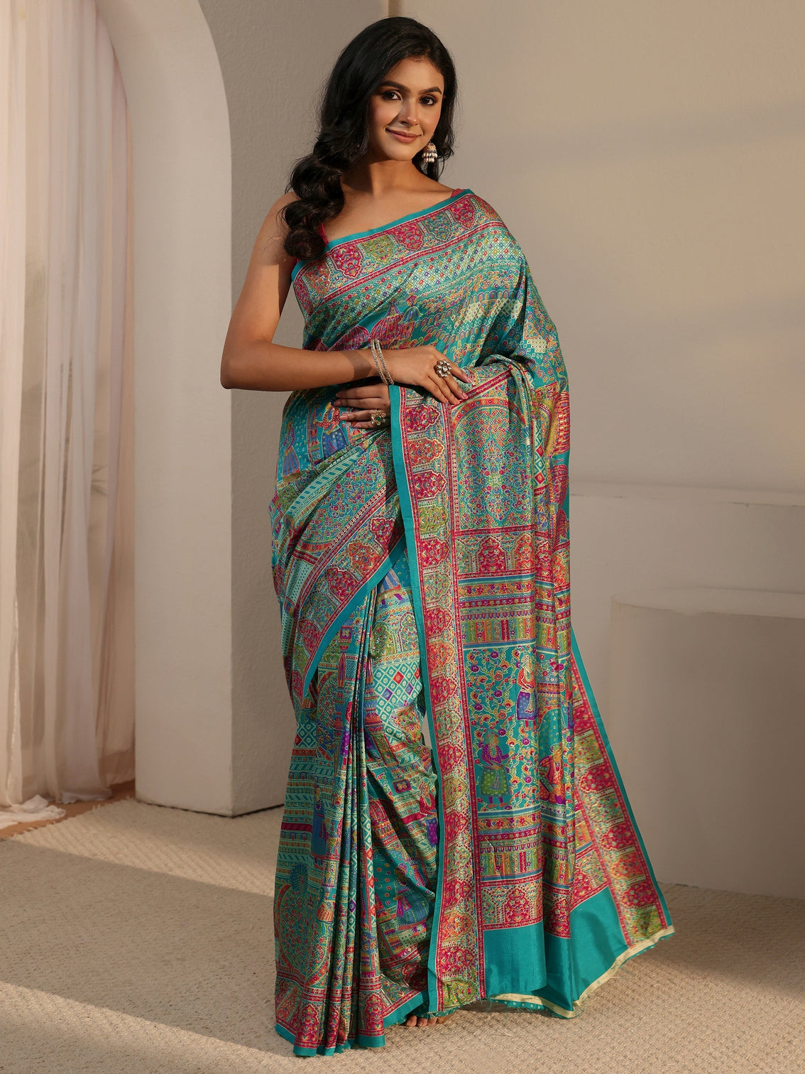 Mameraa Blue Ethnic Printed Silk Blend Saree