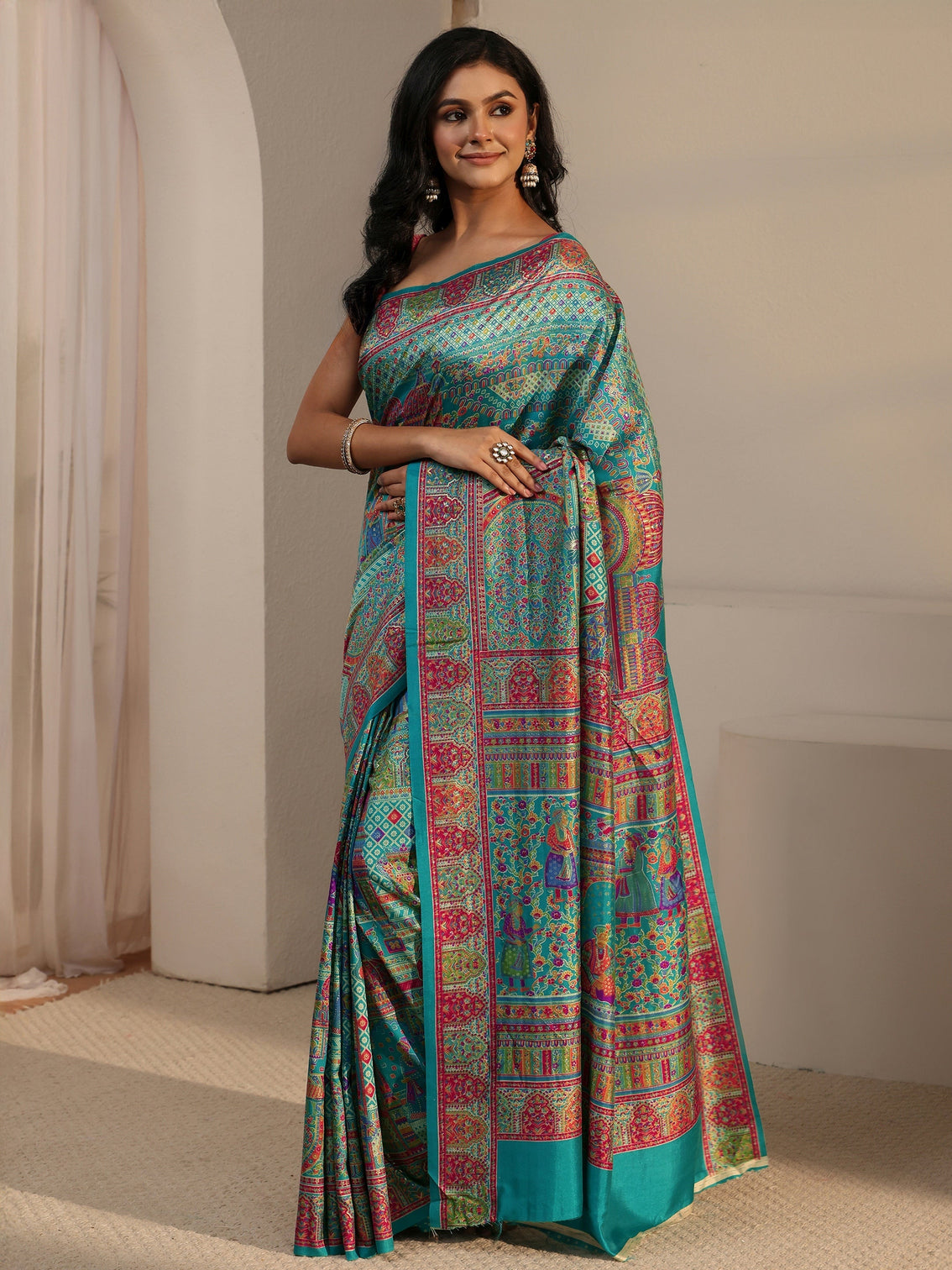 Mameraa Blue Ethnic Printed Silk Blend Saree