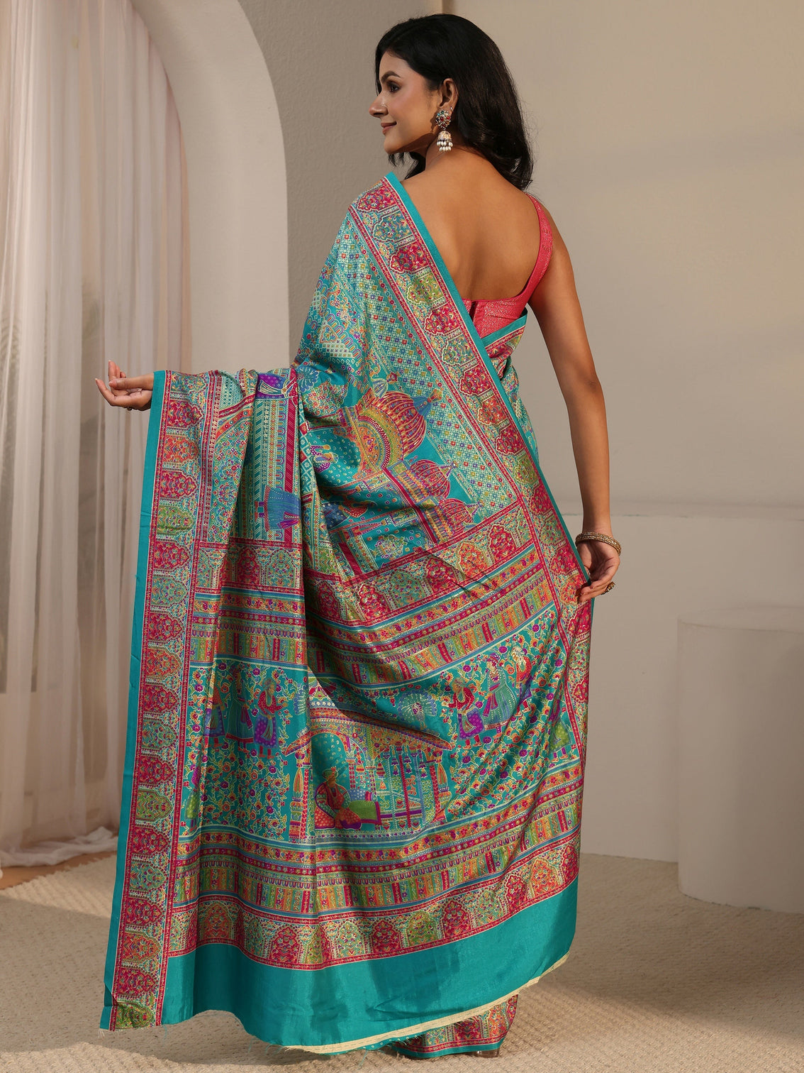 Mameraa Blue Ethnic Printed Silk Blend Saree