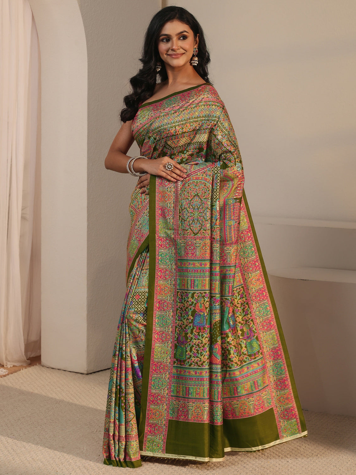 Mameraa Green Ethnic Printed Silk Blend Saree