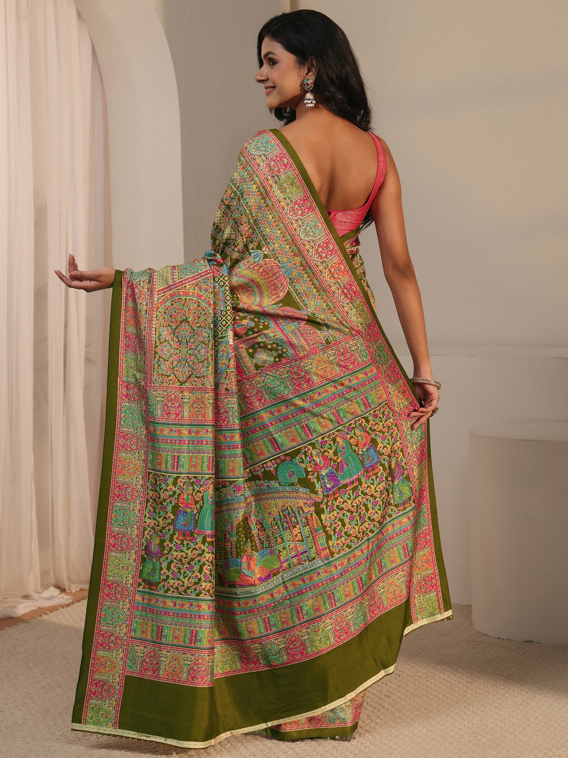 Mameraa Green Ethnic Printed Silk Blend Saree