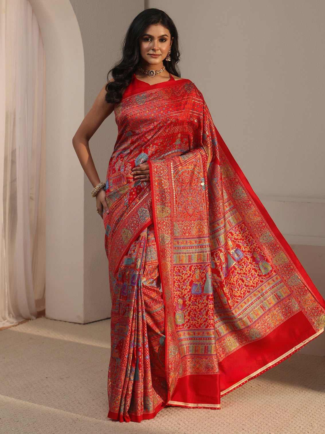 Mameraa Red Ethnic Printed Silk Blend Saree
