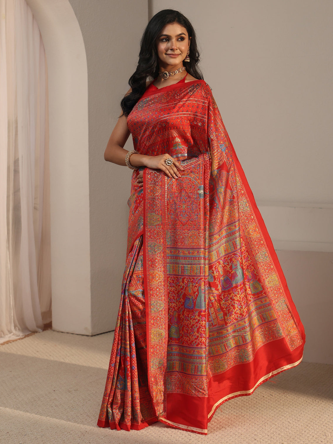 Mameraa Red Ethnic Printed Silk Blend Saree