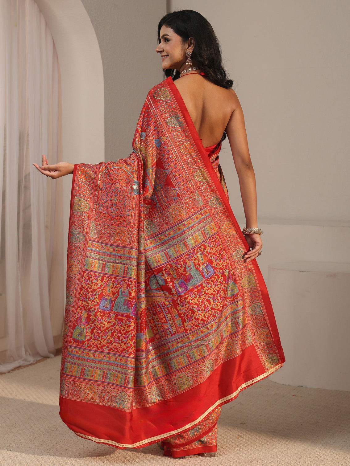 Mameraa Red Ethnic Printed Silk Blend Saree