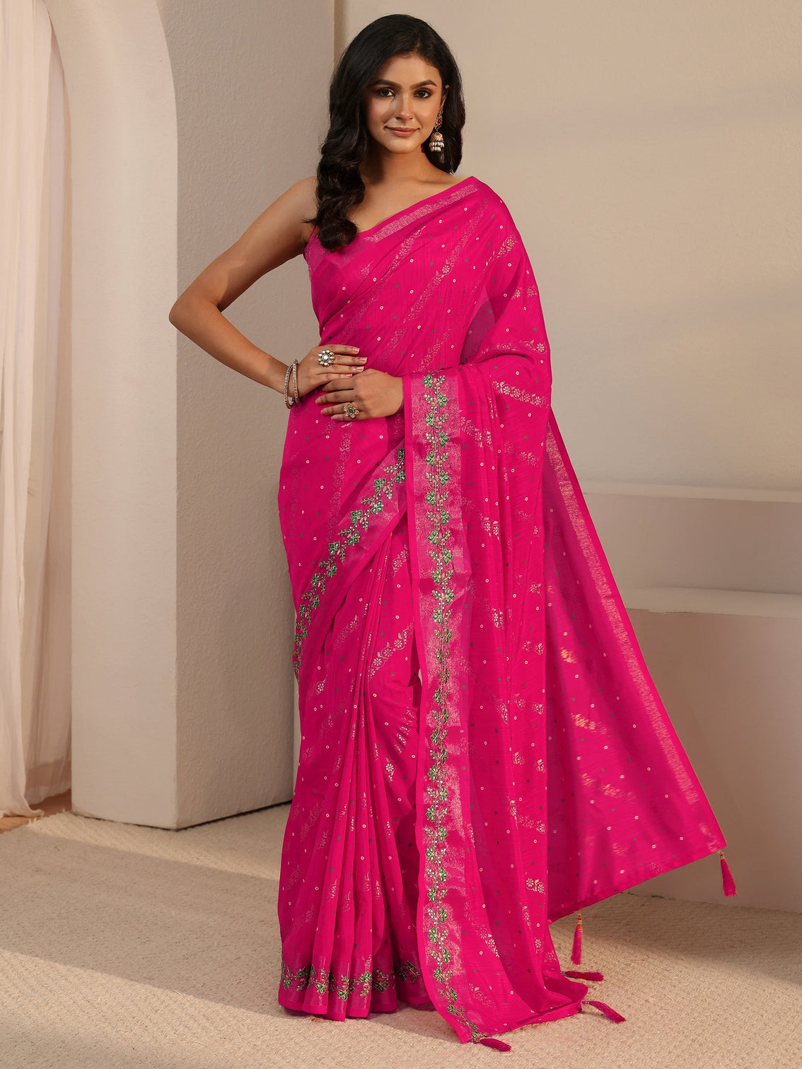 Mameraa Fuchsia Pink Foil Printed Silk Blend Tassel Saree