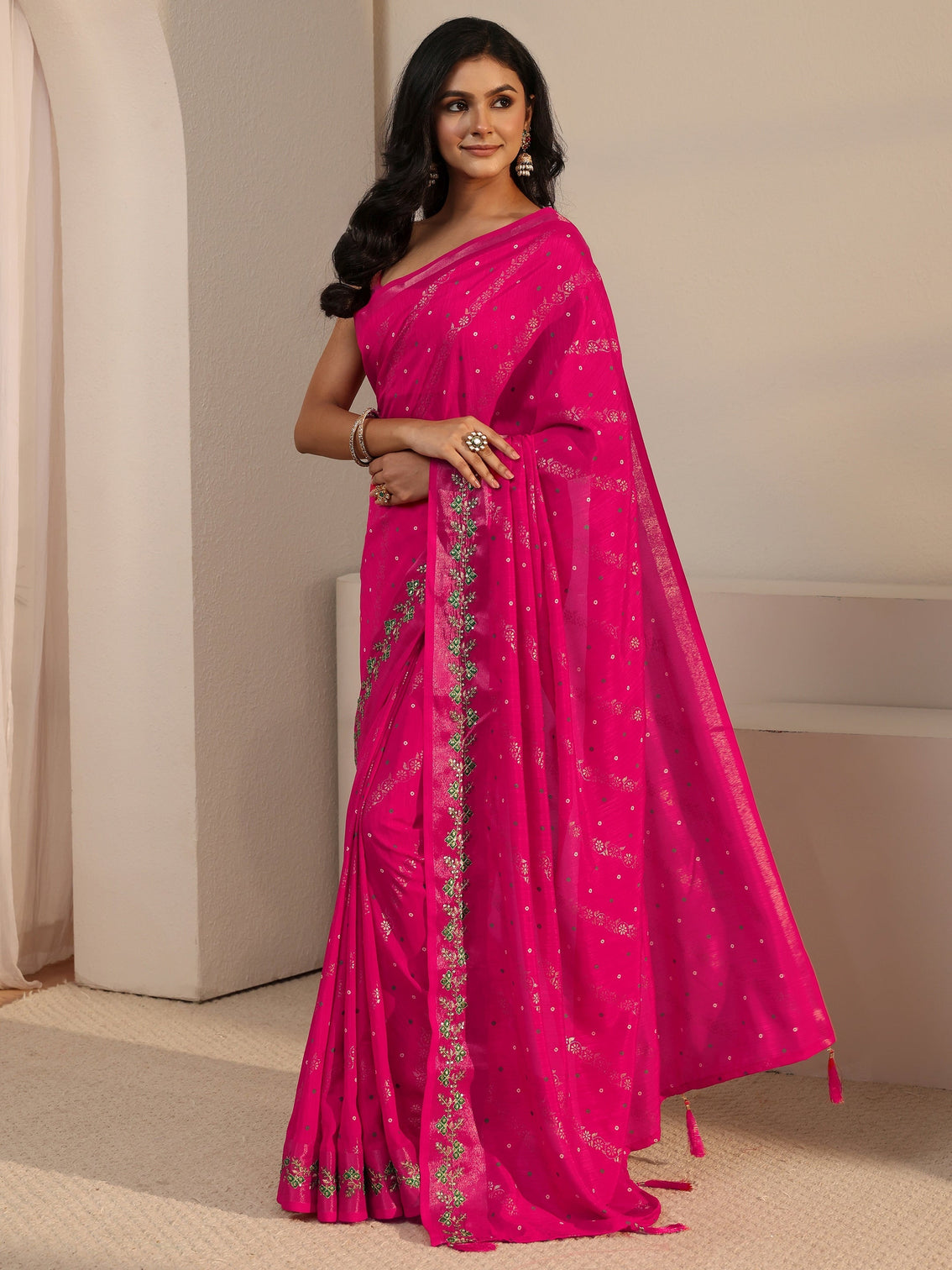 Mameraa Fuchsia Pink Foil Printed Silk Blend Tassel Saree