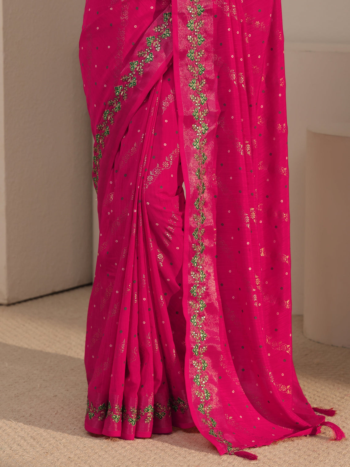 Mameraa Fuchsia Pink Foil Printed Silk Blend Tassel Saree