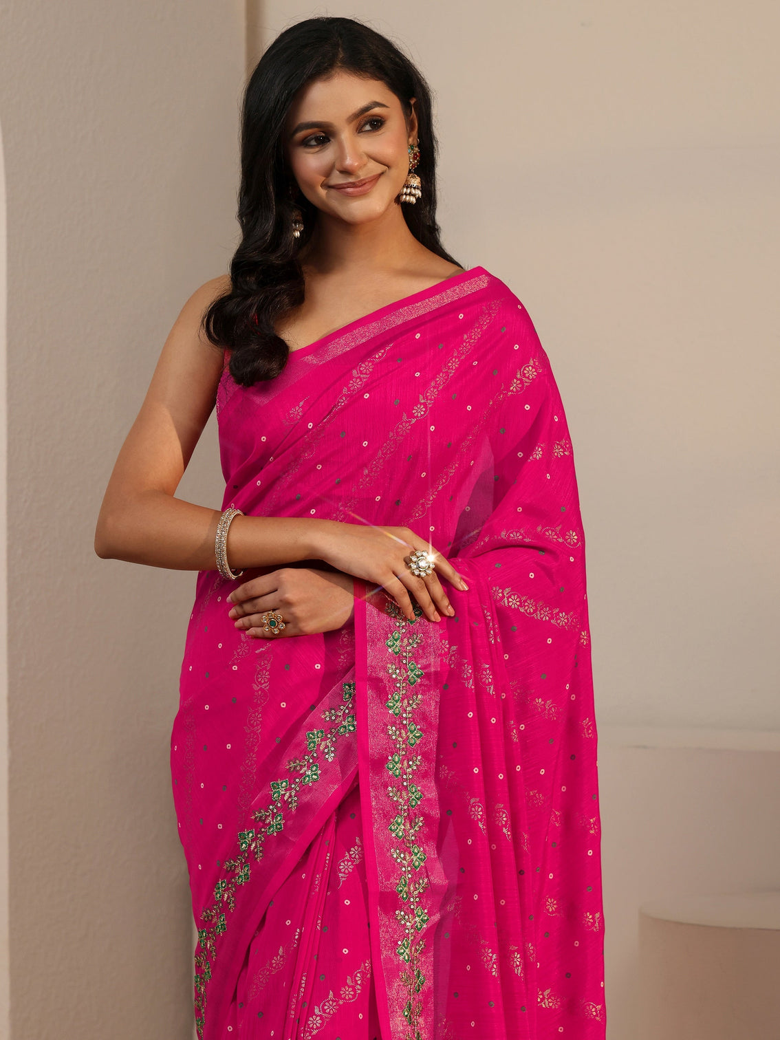 Mameraa Fuchsia Pink Foil Printed Silk Blend Tassel Saree