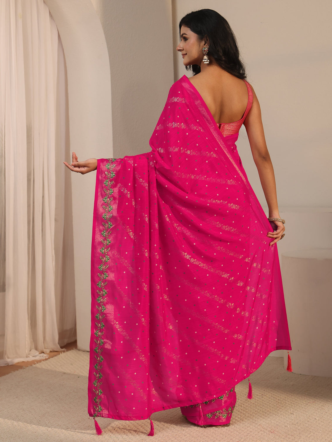 Mameraa Fuchsia Pink Foil Printed Silk Blend Tassel Saree