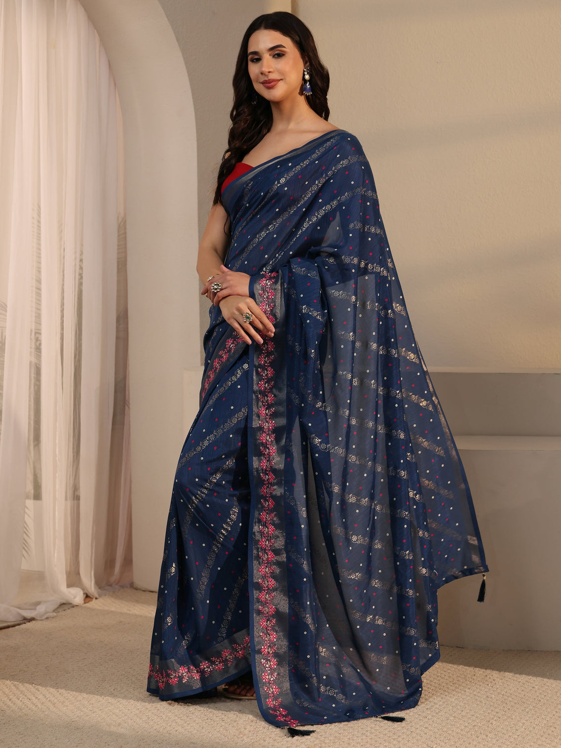 Mameraa Navy Blue Foil Printed Silk Blend Tassel Saree