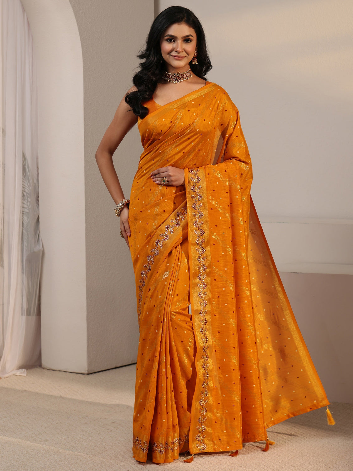 Mameraa Mustard Foil Printed Silk Blend Tassel Saree