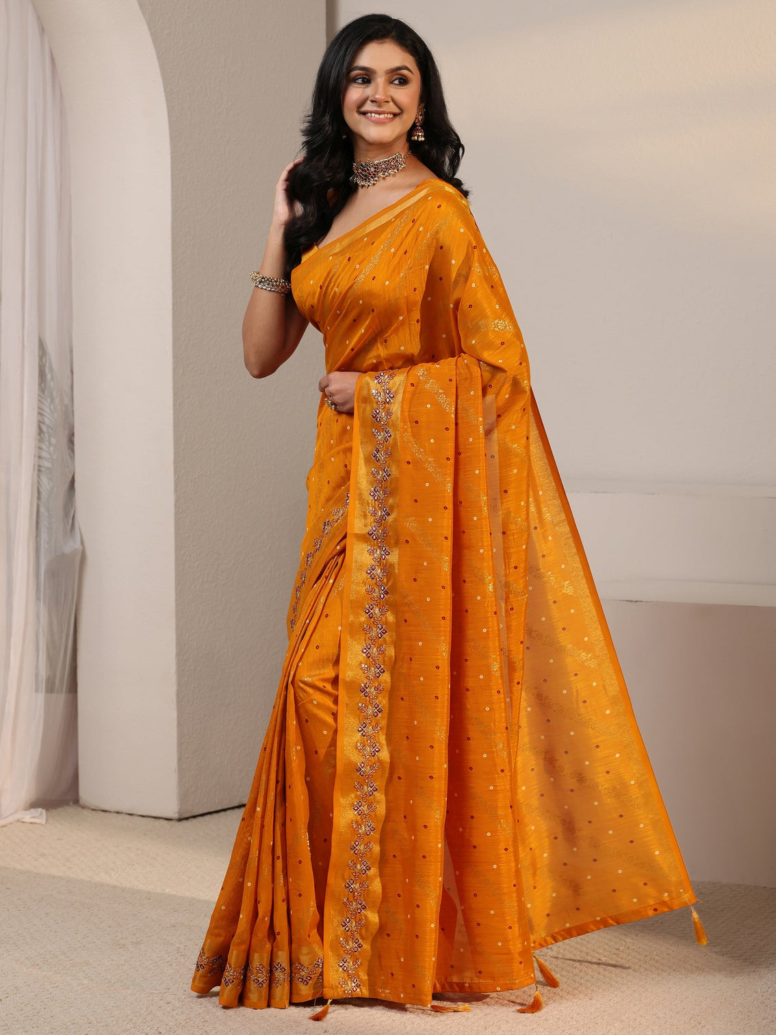 Mameraa Mustard Foil Printed Silk Blend Tassel Saree