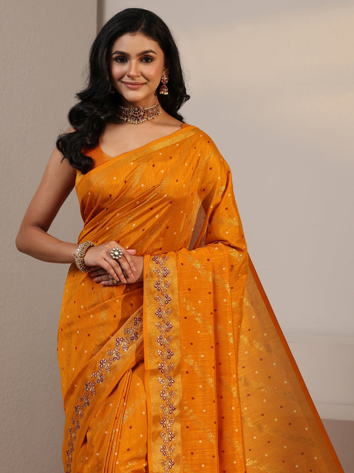 Mameraa Mustard Foil Printed Silk Blend Tassel Saree