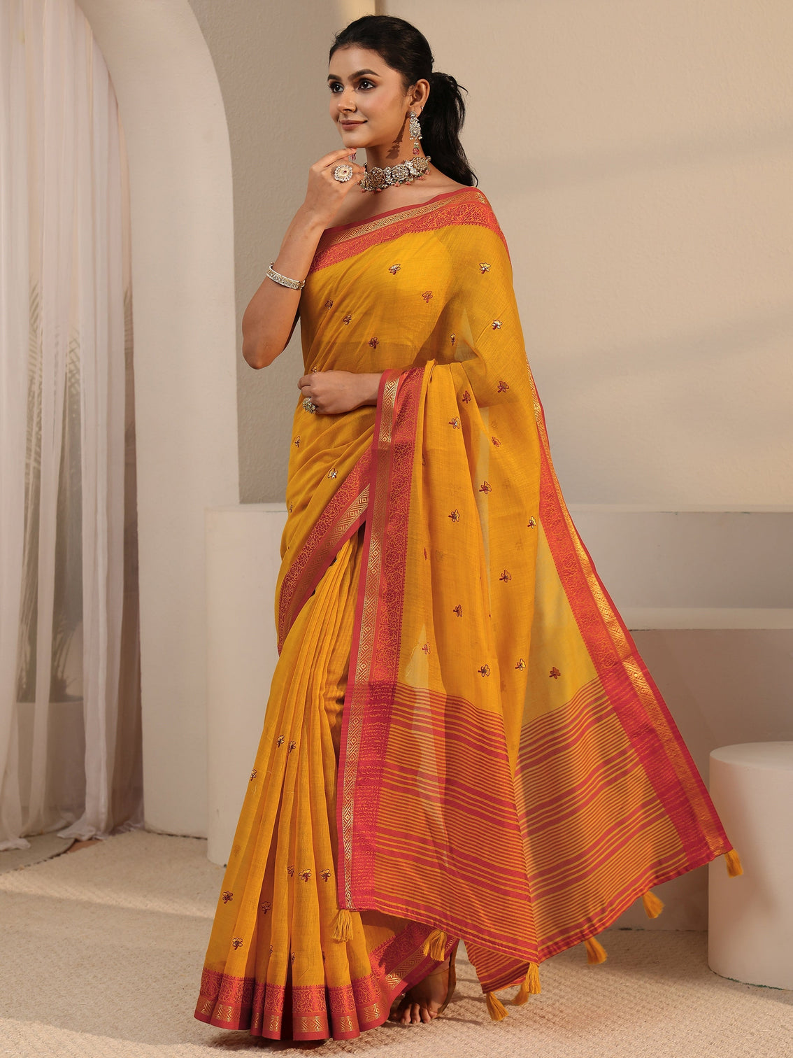 Mameraa Mustard Floral Embroidered Cotton Blend Tassel Saree